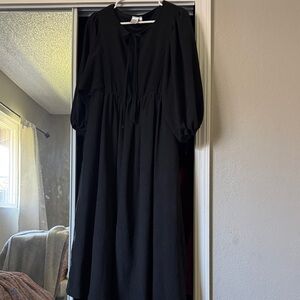 Black Long Sleeve Midi Dress with Tie Neck